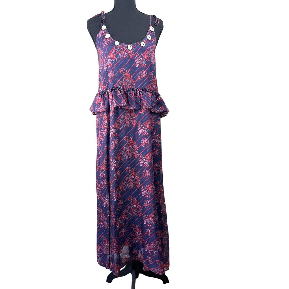 Figue Alina Paisley Silk Cowrie Shell Ruffle Maxi Dress‎ S Boho Resort Luxury